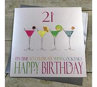 WHITE COTTON CARDS Large Handmade 21 It's Time To Celebrate With Cocktails Happy Birthday Neon Cocktails 21st Birthday Card, White