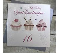White Cotton Cards Large Happy Birthday Special Granddaughter 16, Cupcakes Handmade 16th Birthday Card, XPD16GD