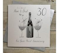 WHITE COTTON CARDS Large Mum and Dad Pearl Wedding, Handmade 30th Anniversary Champagne and Chocolates Card, White, XLBD30M