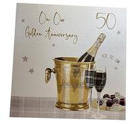 white cotton cards On Our Golden Wedding, Large Handmade 50th Anniversary Card (Champagne & Chocolates)