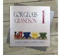 WHITE COTTON CARDS Large Train, Gorgeous Grandson 1 Choo.Choo Choo Handmade 1st Birthday Card, XN215-GS1