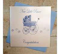 WHITE COTTON CARDS Little Prince Congratulations, Handmade New Baby Card (Blue Pram)
