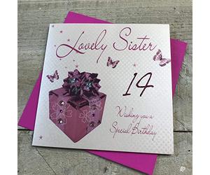 WHITE COTTON CARDS Lovely Sister 14 Wishing You A Special, Handmade 14th Birthday Card (Pink Present)