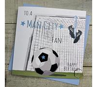 WHITE COTTON CARDS MAN CITY - FOOTY STARS NET BIRTHDAY CARD, HAND FINISHED (FFN5)