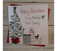 White Cotton Cards Merry Brother & His Family Handmade Christmas Card (Tree & Presents Code fp45)