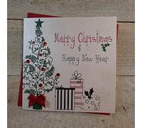 White Cotton Cards Merry Christmas and a Happy New Year Handmade Card in Tree and Presents Design