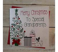 WHITE COTTON CARDS Merry Christmas to Special Grandparents Handmade Card in Tree and Presents Design