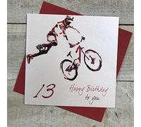 WHITE COTTON CARDS Mountain Biker, Happy 13" Handmade 13th boys Birthday Card, White, SB13-13