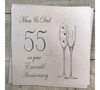 WHITE COTTON CARDS Mum & Dad 55th Anniversary Card, Emerald Champagne Flutes Handmade P55M