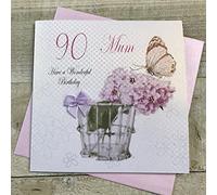 WHITE COTTON CARDS Mum Have a Wonderful 90th Birthday Vintage Handmade Card, White, pdm90,16cm X 16 cm