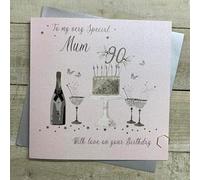 WHITE COTTON CARDS MUM - PINK CAKE & CHAMPAGNE - 90TH LARGE BIRTHDAY CARD, HAND FINISHED (XDP7-M90)