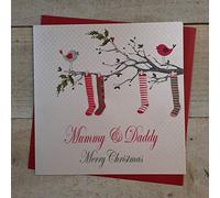 WHITE COTTON CARDS Mummy & Daddy Merry, Handmade Christmas Card. (Hanging Stockings, Code xx14-87)