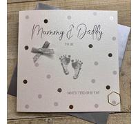 WHITE COTTON CARDS MUMMY & DADDY TO BE SILVER FEET GOOD LUCK CARD, HANDMADE (D453)