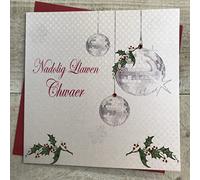 WHITE COTTON CARDS Nadolig Llawen Chwaer Disco balls with Mistletoe Welsh Christmas Card, Handmade WX14-30
