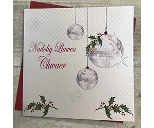 WHITE COTTON CARDS Nadolig Llawen Chwaer Disco balls with Mistletoe Welsh Christmas Card, Handmade WX14-30