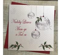 WHITE COTTON CARDS Nadolig Llawen Mam-gu a Tad-cu disco balls and mistletoe Welsh Christmas Card, Handmade WX14-17