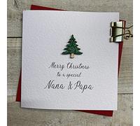 WHITE COTTON CARDS NANA & PAPA - LITTLE WOODEN GREEN TREE CHRISTMAS CARD, HANDMADE (XS6-NAPA)