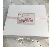 White Cotton Cards New Baby, Large Keepsake Box, Pink Safari Animals