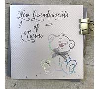 WHITE COTTON CARDS New Grandparents of Twins Teddy Design Handmade Card B183-GP, 16cm x 16cm