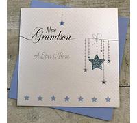 WHITE COTTON CARDS New Grandson A Star is Born, Handmade New Baby Card - Code LL78, Blue Star