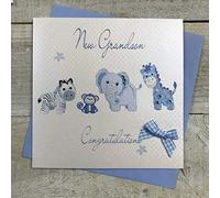 white cotton cards "New Grandson Congratulations Handmade Card, White, WS30A