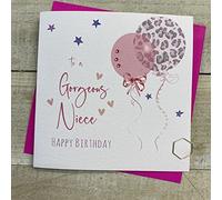 WHITE COTTON CARDS NIECE - LEOPARD PRINT 2 BALLOONS BIRTHDAY CARD, HANDMADE (S278)