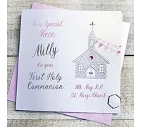 White Cotton Cards NIECE PERSONALISED 1st HOLY COMMUNION CARD, PINK CHURCH DESIGN, HAND FINISHED (X) P23-50-NIE
