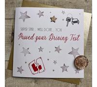 WHITE COTTON CARDS PASSED YOUR DRIVING TEST - CAR & L-PLATES CONGRATULATIONS CARD, HAND FINISHED (S457)