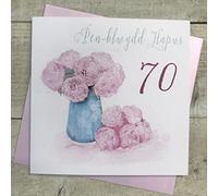 WHITE COTTON CARDS PEN-BLWYDD HAPUS WELSH 70th BIRTHDAY CARD - PINK PEONIES DESIGN. HANDMADE (W-VN59-70)