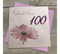 White Cotton Cards Penblwydd Hapus 100, 100th Gerbra Welsh Birthday Card, Handmade (W-WBA100)