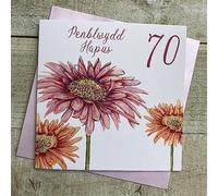 WHITE COTTON CARDS Penblwydd Hapus 70, 70th Gerbra Welsh Birthday Card, Handmade (W-WBA70)