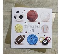 WHITE COTTON CARDS PENBLWYDD HAPUS MAB SPORTS BALLS WELSH BIRTHDAY CARD, HAND FINISHED (W-S364-M)