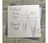 WHITE COTTON CARDS Penblwydd Priodas Hapus Mam & Dad Flutes Welsh Anniversary Card, Handmade (WE-B102)