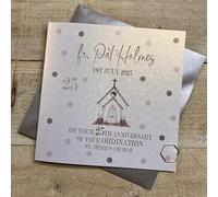 WHITE COTTON CARDS PERSONALISED CARD - 25TH ANNIVERSARY OF ORDINATION CHURCH & DOTS DESIGN. HAND FINISHED (X) P25-3-ORD25