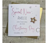 White Cotton Cards PERSONALISED CHRISTENING BAPTISM CARD. NIECE. ANY RELATION. PINK WOODEN STAR DESIGN. Handmade (P22-72-NIE & XP22-72-NIE)