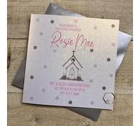 WHITE COTTON CARDS PERSONALISED CHRISTENING CARD - CUSTOMISE WITH NAME, RELATION, DATE - PINK CHURCH & DOTS DESIGN. HAND FINISHED (X) P25-3-P