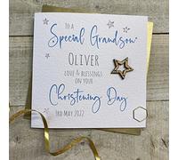 WHITE COTTON CARDS PERSONALISED CHRISTENING CARD - GRANDSON, ANY RELATION, WOODEN STAR DESIGN (P22-72-GS & XP22-72-GS)