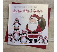 WHITE COTTON CARDS PERSONALISED CHRISTMAS CARD - SANTA & PENGUINS (BLUE) DESIGN. HAND FINISHED (X) P25-X12