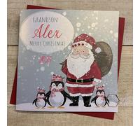 WHITE COTTON CARDS PERSONALISED CHRISTMAS CARD - SANTA & PENGUINS (WHITE) DESIGN. HAND FINISHED (X) P25-X1
