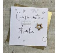 WHITE COTTON CARDS PERSONALISED CONFIRMATION CARD. GODDAUGHTER. ANY RELATION. SILVER WOODEN STAR DESIGN. Handmade (P22-68-GODD & XP22-68-GODD)