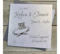 WHITE COTTON CARDS PERSONALISED ENGAGEMENT CARD. ANY RELATION. NEPHEW & FIANCÉE. SQUARE PRINCESS CUT RING DESIGN. Handmade (P22-99-NEP & XP22-99-NEP)