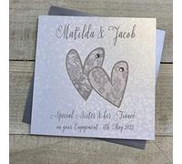 WHITE COTTON CARDS PERSONALISED ENGAGEMENT CARD. ANY RELATION. SISTER & FIANCÉ. PATTERENED HEARTS DESIGN. Handmade (P18-2ENG-SIS & XP18-2ENG-SIS)