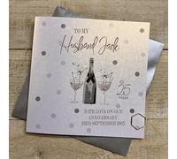WHITE COTTON CARDS PERSONALISED HUSBAND 25TH SILVER WEDDING ANNIVERSARY CARD - DOTTY LOVE BIRDS DESIGN. HAND FINISHED (X) P25-2-AN-H25