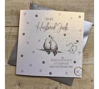 WHITE COTTON CARDS PERSONALISED HUSBAND 25TH SILVER WEDDING ANNIVERSARY CARD - DOTTY LOVE BIRDS DESIGN. HAND FINISHED (X) P25-1-AN-H25