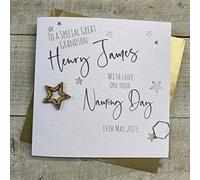 WHITE COTTON CARDS PERSONALISED NAMING DAY CARD. GREAT GRANDSON. ANY RELATION. SILVER WOODEN STAR DESIGN. Handmade (P22-76-GGS & XP22-76-GGS)