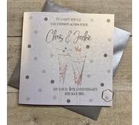 WHITE COTTON CARDS PERSONALISED WEDDING ANNIVERSARY CARD - GRANDSON & WIFE. DOTTY LOVE BIRDS DESIGN. HAND FINISHED (X) P25-6-AN-GS