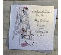 WHITE COTTON CARDS PERSONALISED WEDDING CARD. ANY RELATION. GODDAUGHTER & HUSBAND. LOVE LADDER DESIGN. Handmade (P22-19-GODD & XP22-19-GODD)