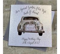 WHITE COTTON CARDS PERSONALISED WEDDING CARD. ANY RELATION. GODSON & WIFE. VINTAGE WEDDING CAR DESIGN. Handmade (P18-1-GODS & XP18-1-GODS)