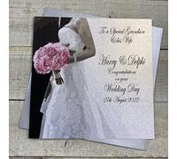 WHITE COTTON CARDS PERSONALISED WEDDING CARD. ANY RELATION. GRANDSON & WIFE. BRIDE & GROOM DESIGN. Handmade (P22-18-GS & XP22-18-GS)