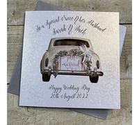WHITE COTTON CARDS PERSONALISED WEDDING CARD. ANY RELATION. NIECE & HUSBAND. VINTAGE WEDDING CAR DESIGN. Handmade (P18-1-NIE & XP18-1-NIE)